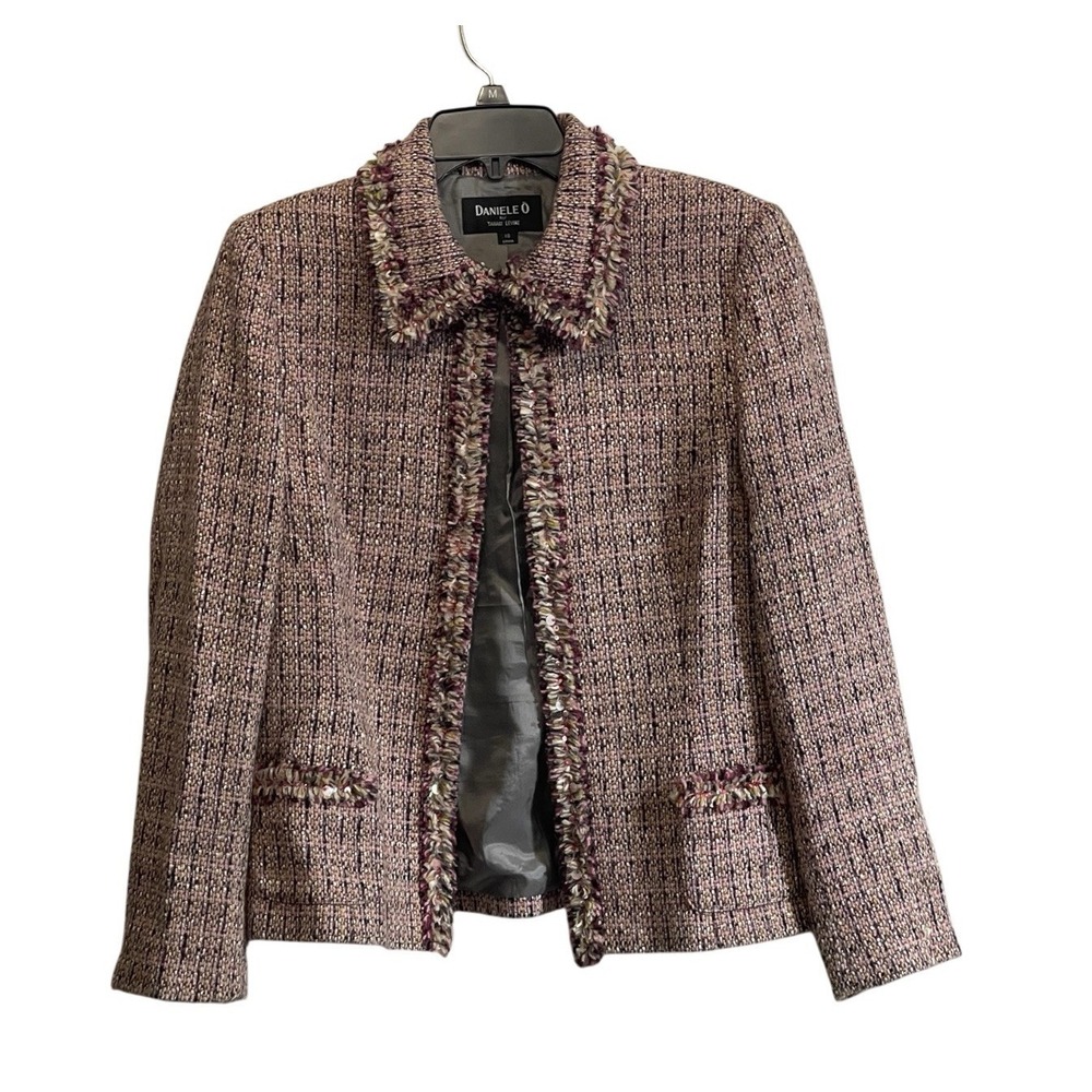 Womens Tweed Blazer 10 Sequin Fringe Detail Wool Blend Academia Chic Corporate